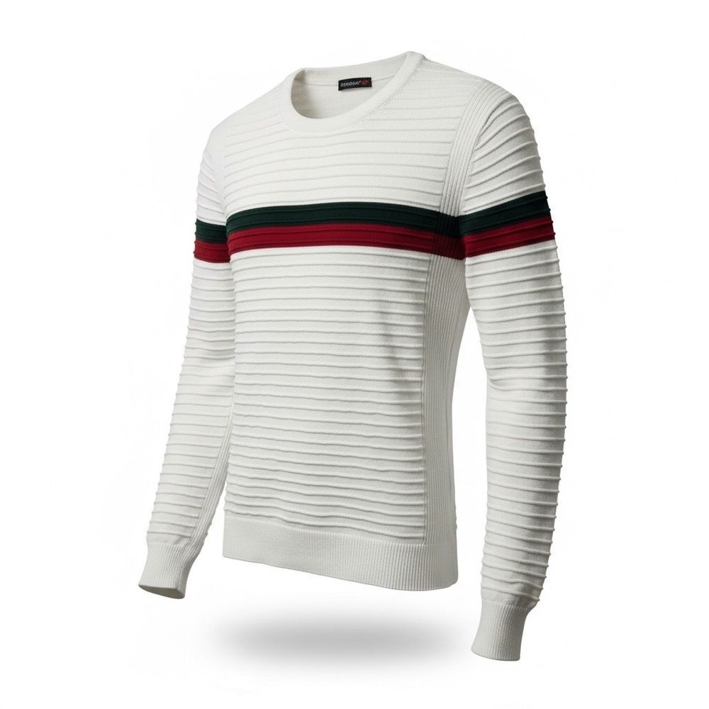 TM Exposure Classic Crew Neck Sweater in White Green and Red Stripes